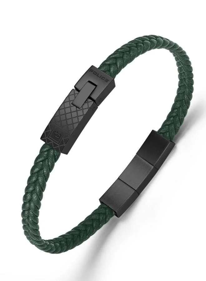 Police Intersect Silver Stainless Steel Dark Green Leather Bracelet for Men
