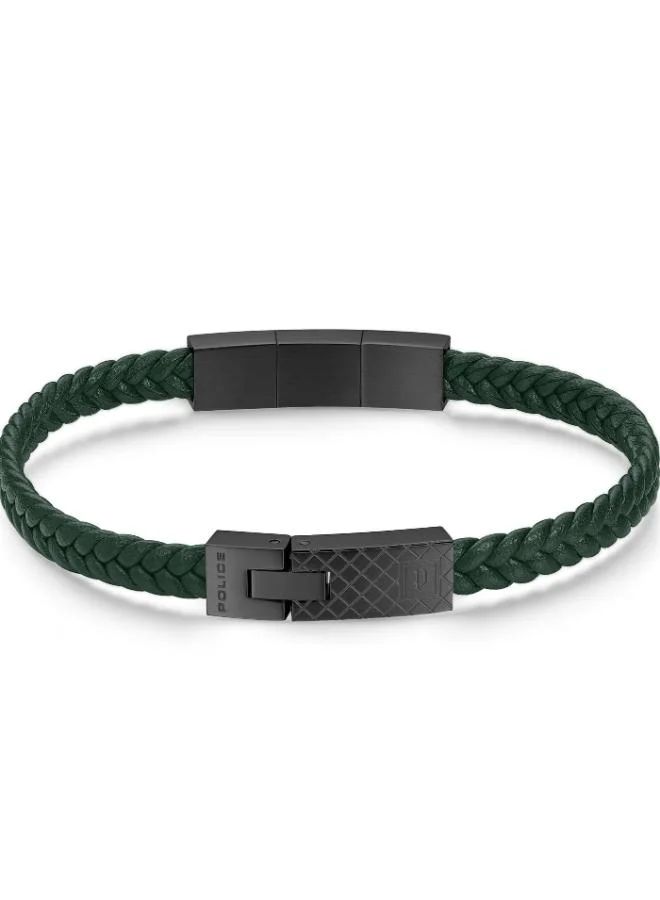 Police Intersect Silver Stainless Steel Dark Green Leather Bracelet for Men