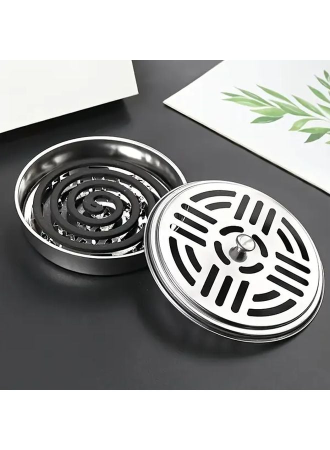Silvery Outdoor Mosquito Coil Ashtray Fire Resistant With Cover For Home Use 1pc - Image 3
