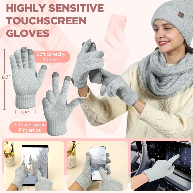 Goocoz Womens Beanie Hat Infinity Scarf Touchscreen Gloves Fleece Headband 4 in 1 Winter Clothes Set Gifts for Women Grey - Image 4