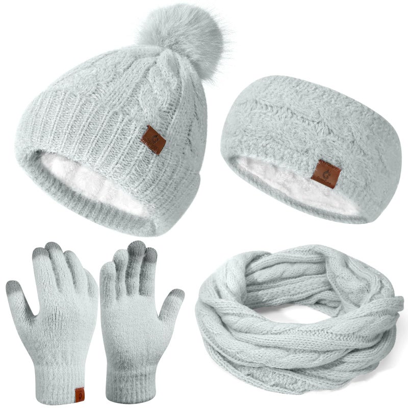 Goocoz Womens Beanie Hat Infinity Scarf Touchscreen Gloves Fleece Headband 4 in 1 Winter Clothes Set Gifts for Women Grey - Image 1