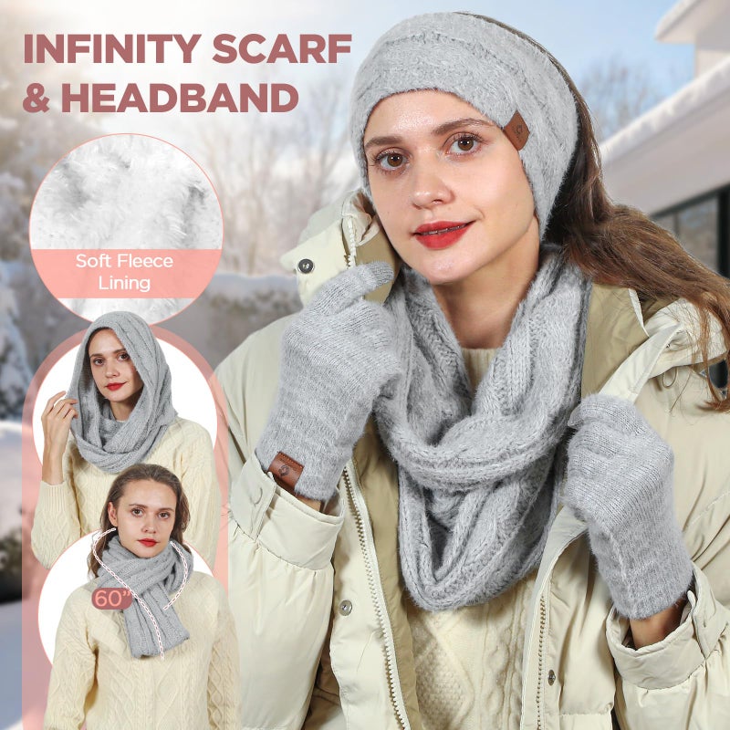 Goocoz Womens Beanie Hat Infinity Scarf Touchscreen Gloves Fleece Headband 4 in 1 Winter Clothes Set Gifts for Women Grey - Image 3