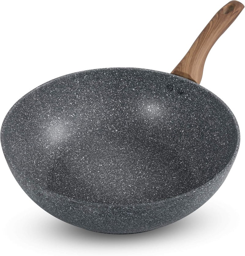 Homeway - 28cm 5 Layer Non-stick Marble Coated Wok Pan with 3mm Thickness, Forged Construction, Soft Touch Wooden Handle, Induction Friendly, Grey - HW3417 - Image 1