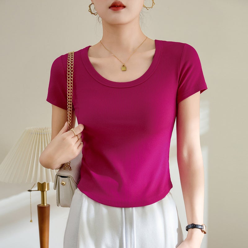 [Easy To Use] Curved T-Shirt Women'S Short-Sleeved 2025 High-Elastic Threaded Cotton Short Round Neck Bottoming Shirt - Image 1
