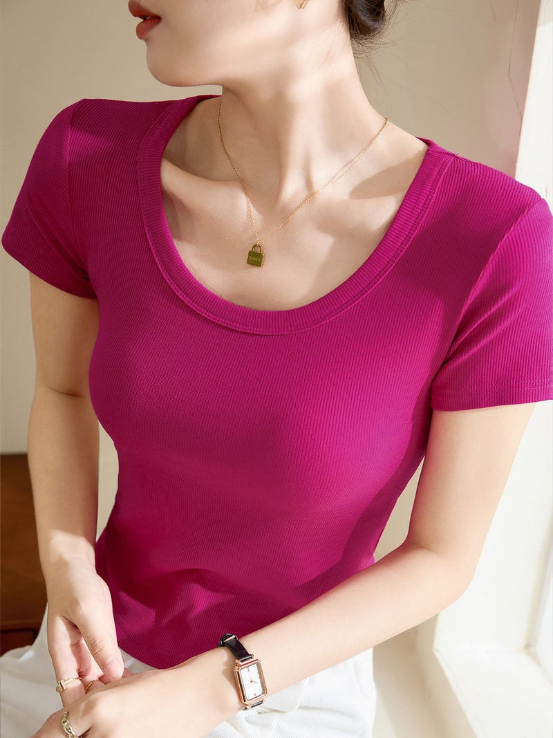 [Easy To Use] Curved T-Shirt Women'S Short-Sleeved 2025 High-Elastic Threaded Cotton Short Round Neck Bottoming Shirt - Image 4