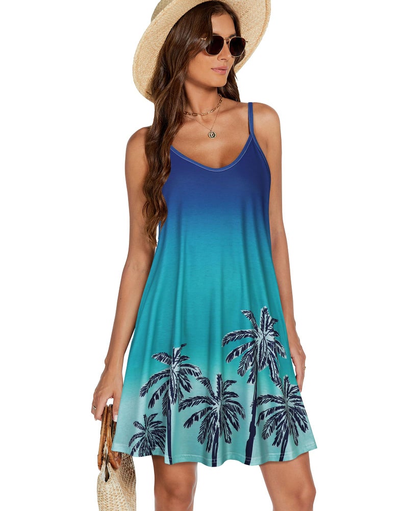 elescat Womens Summer Dresses Spaghetti Strap V Neck Casual Sleeveless Sundress Beach Cover Ups with Pockets (Blue Hawaiian Tree, L) - Image 4