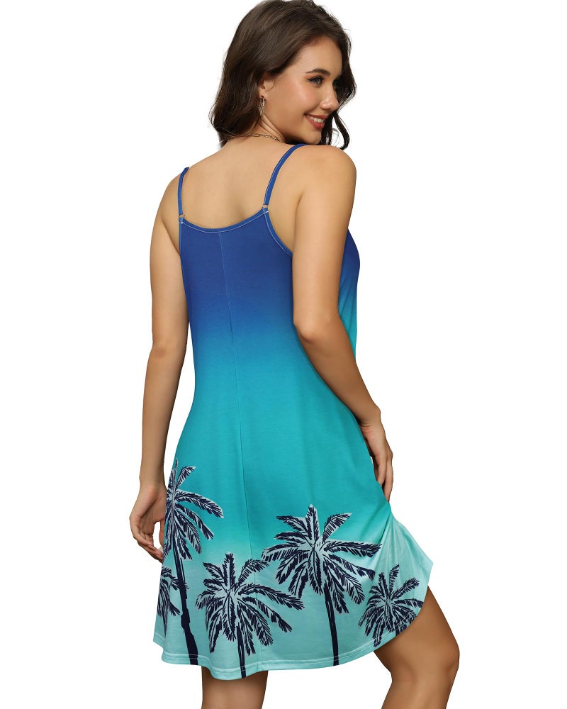 elescat Womens Summer Dresses Spaghetti Strap V Neck Casual Sleeveless Sundress Beach Cover Ups with Pockets (Blue Hawaiian Tree, L) - Image 5