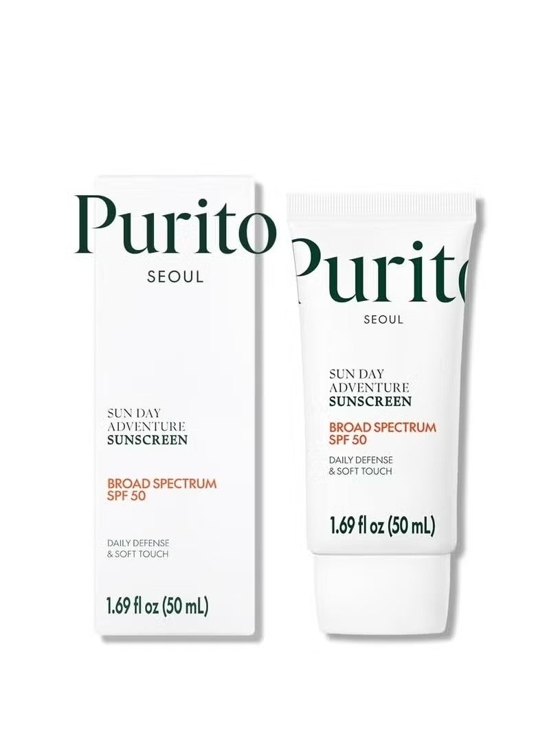 PURITO Sun Day Adventure Korean Sunscreen Smoothest and Lightest Texture Broad Spectrum SPF 50 UVA & UVB Protection No White Cast Oil Free For All Skin Types Vegan Daily Skin Care 50ml, 1.69 fl.oz - Image 1