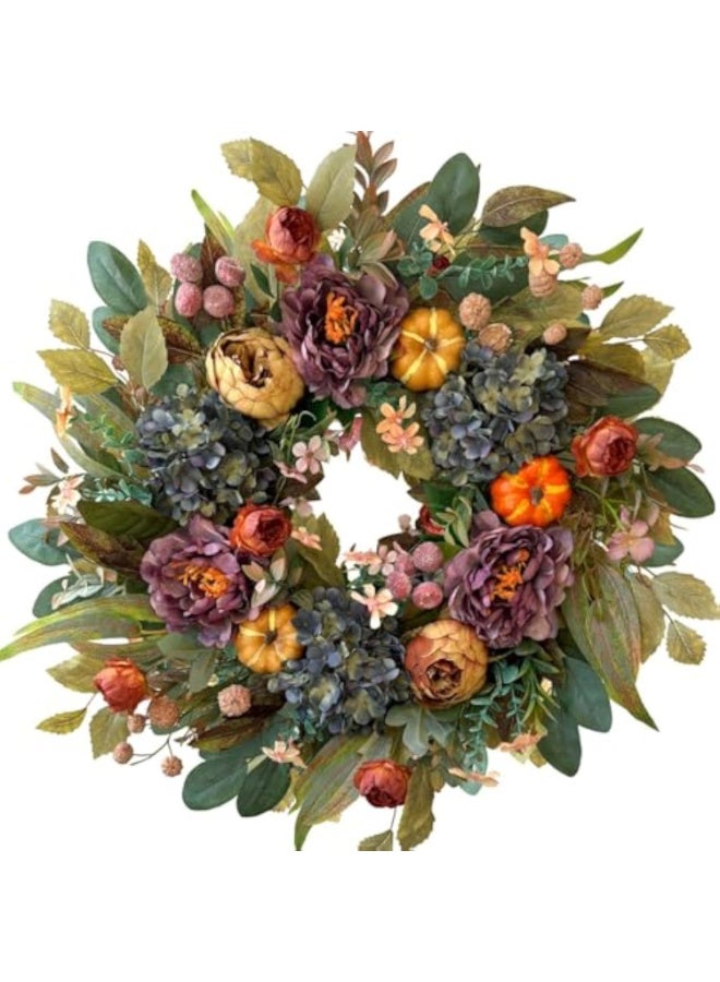 أكاليل زهور الربيع والخريف مقاس 24 بوصة للباب الأمامي، أكاليل زهور الخريف للباب الأمامي مع زخرفة الخريف بالفاوانيا البرتقالية للمنزل - Image 1