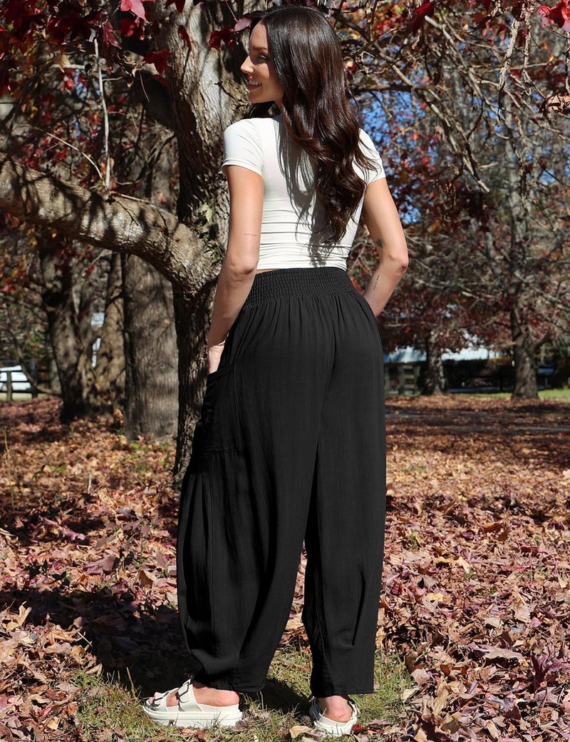 TARSE Women Linen Pants Summer Casual Loose High Waist Palazzo Harem Pants 2025 Beach Travel Vacation Outfits, Black, XL - Image 4