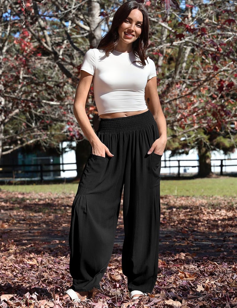 TARSE Women Linen Pants Summer Casual Loose High Waist Palazzo Harem Pants 2025 Beach Travel Vacation Outfits, Black, XL - Image 2