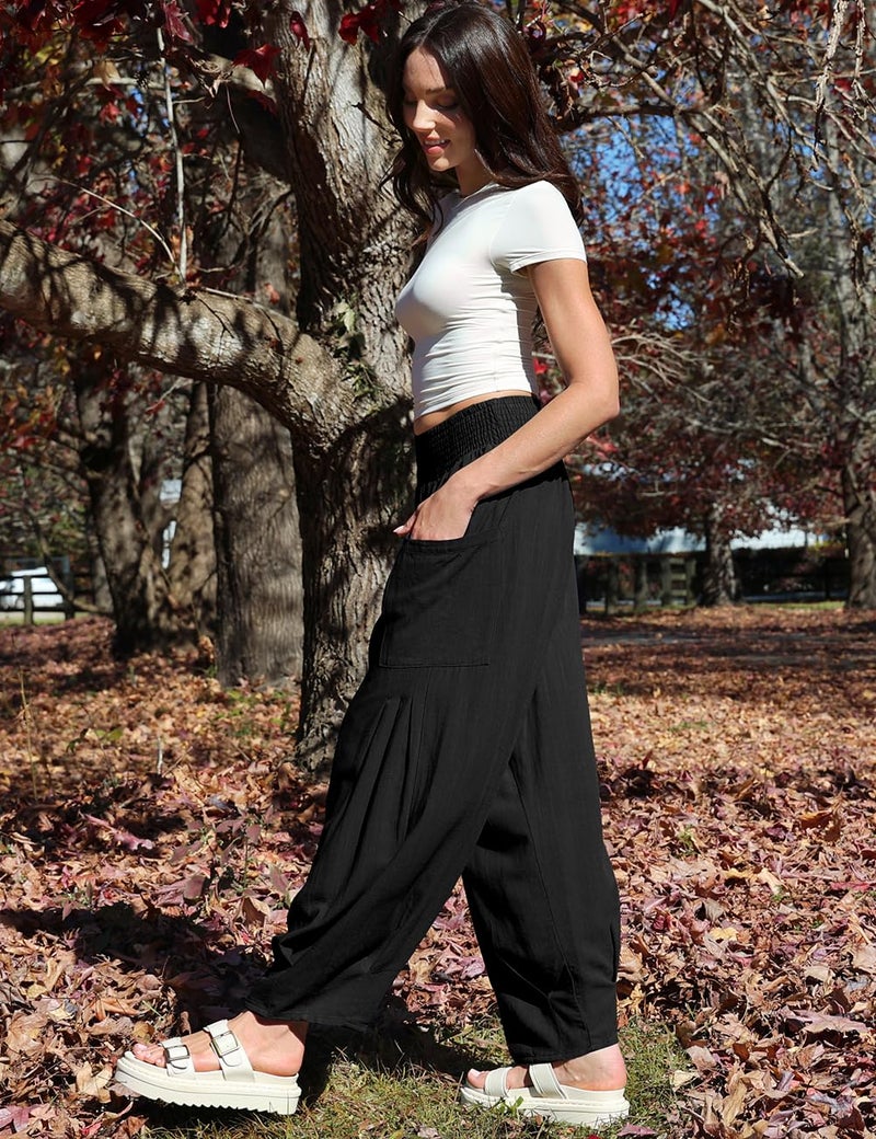 TARSE Women Linen Pants Summer Casual Loose High Waist Palazzo Harem Pants 2025 Beach Travel Vacation Outfits, Black, XL - Image 3