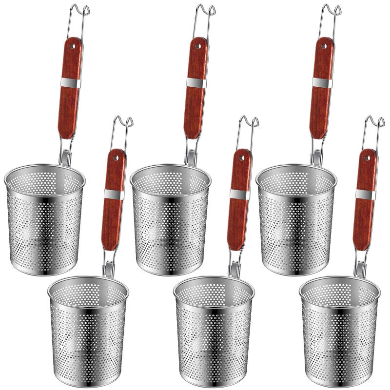 Tessco 6 Pcs Pasta Cooker Stainless Steel Pasta Basket with Wood Handle Kitchen Mesh Spider Pasta Strainer Skimmer Food Dumpling Noodle Strainer Blanching Basket for Pasta (Red Brown,5.2 Inch) - Image 1