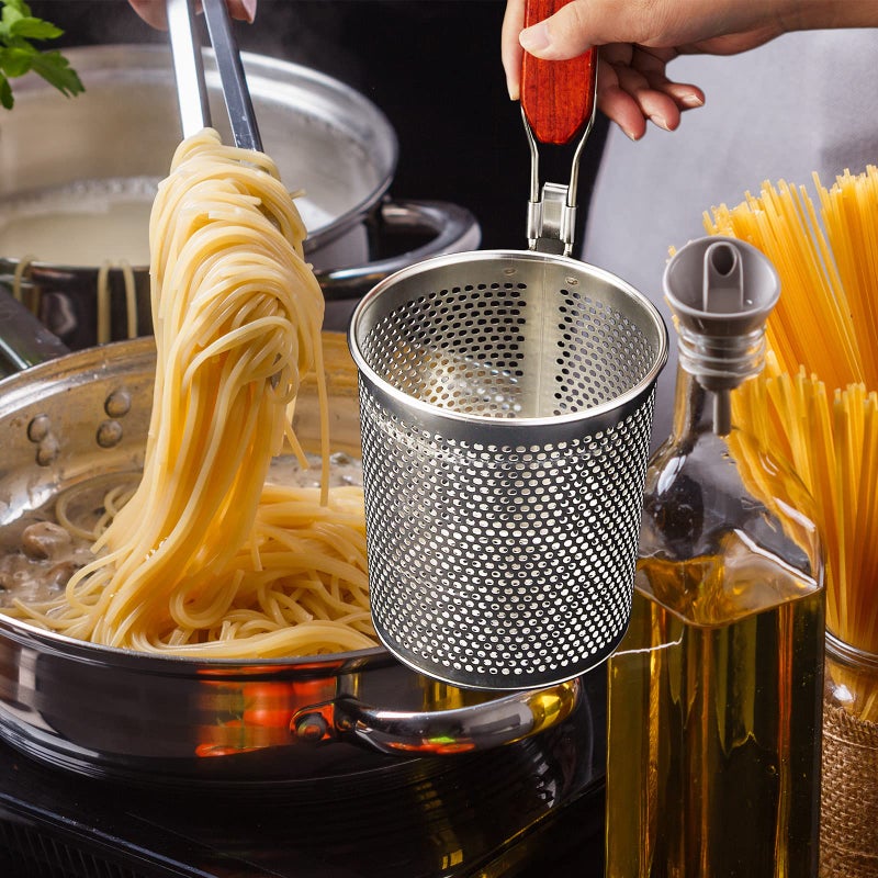 Tessco 6 Pcs Pasta Cooker Stainless Steel Pasta Basket with Wood Handle Kitchen Mesh Spider Pasta Strainer Skimmer Food Dumpling Noodle Strainer Blanching Basket for Pasta (Red Brown,5.2 Inch) - Image 4