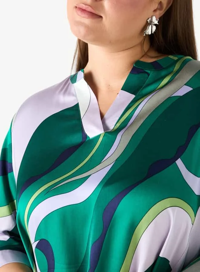 Ulla Popken Plus Size Ulla Popken Printed Dress with 3/4 Sleeves
