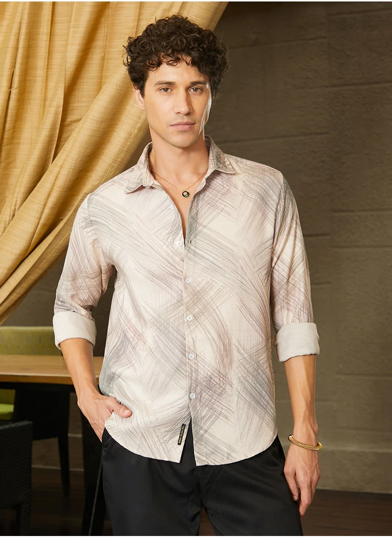 كامبوس سوترا Men's Saltbox Beige Faded Strokes Shirt