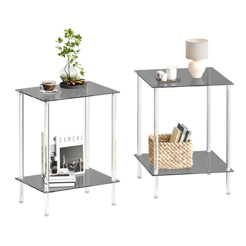 Tempered Glass Side Tables Set of 2 Acrylic End Table with 2 Storage Shelve transparent Bedside simplicity clear 2Tier Nightstands for small Spaces Office Bedroom Living Room Study black ET008BK