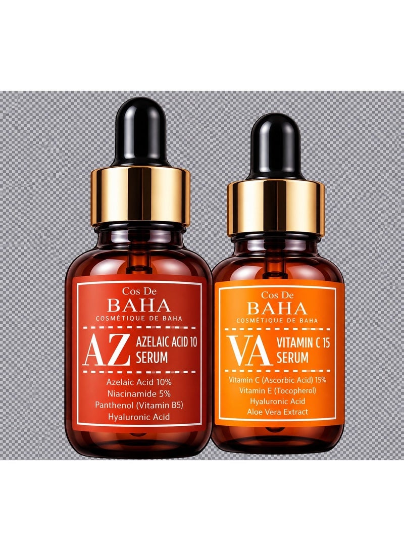 COS DE BAHA Azelaic Acid 10% & Vitamin C 15% Serum Set - Azelaic Acid Face Serum with Niacinamide & Panthenol for Dark Spots, Redness & Acne-Prone Skin + Vitamin C Ascorbic Acid 15% Brightening Serum for Hyperpigmentation, Uneven Skin Tone & Radiance - Korean Skincare Duo, 2 x 30ml - Image 2