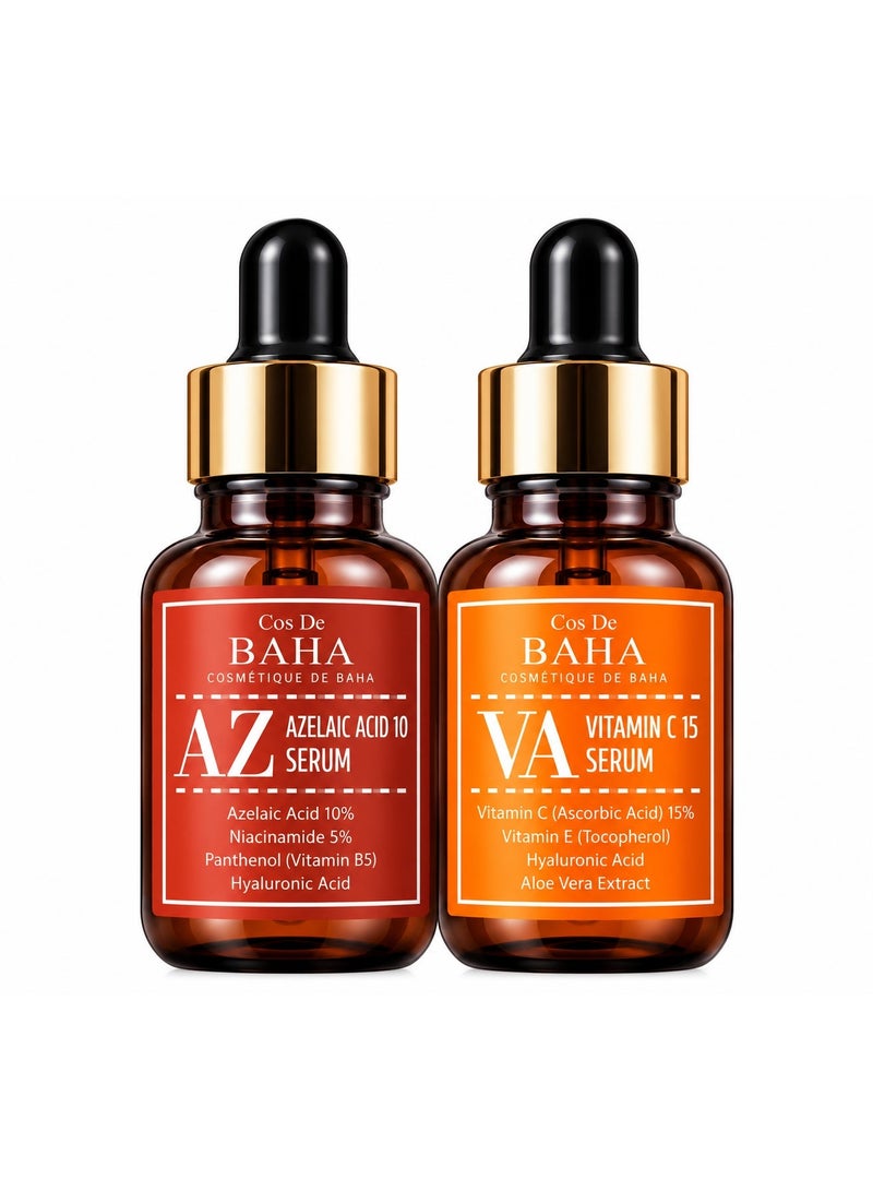 COS DE BAHA Azelaic Acid 10% & Vitamin C 15% Serum Set - Azelaic Acid Face Serum with Niacinamide & Panthenol for Dark Spots, Redness & Acne-Prone Skin + Vitamin C Ascorbic Acid 15% Brightening Serum for Hyperpigmentation, Uneven Skin Tone & Radiance - Korean Skincare Duo, 2 x 30ml - Image 1