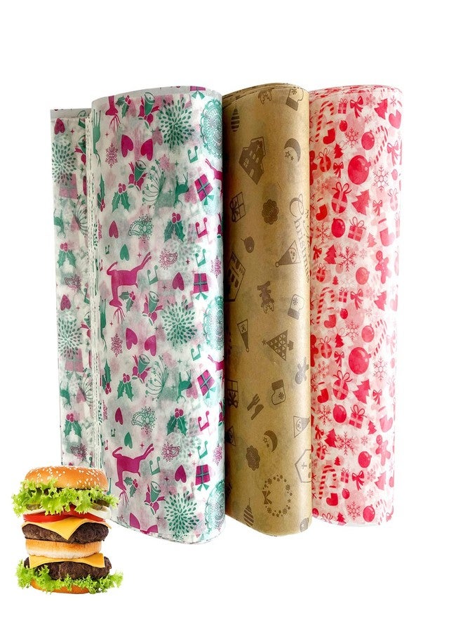 Suiwen 150 Christmas Wax Sheets for Food Wrapping, Tissue Paper for Candy Cookies, Sandwich Wrapping, Fried Food Basket Liner, Greaseproof Paper (Red, Green, Brown) - Image 1