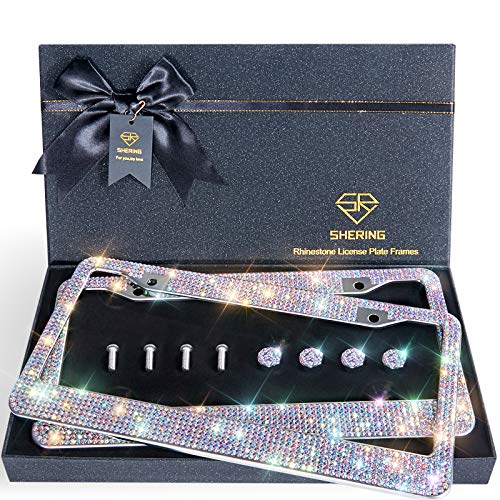 SHERING Bling License Plate Frame, 2 Pack Frame with Premium Gift Box for Women,Rhinestone Frames 1200pcs Rhinestones（Colorful Rhinestones） - Image 1