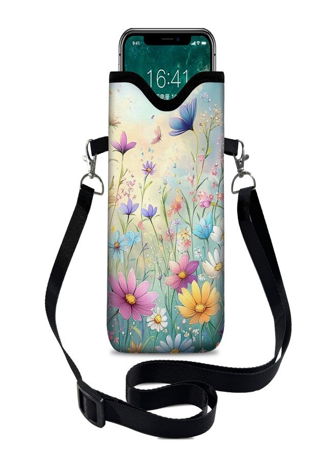 otilil Neoprene Cell Phone Sleeve Pouch Case Bag with Crossbody Strap Neck Lanyard for Women 7.1 X 3.9 in Colorful Flowers - Image 1