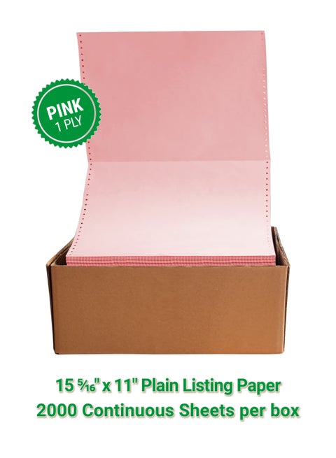 ABULHOUL Continuous Plain Listing Computer Paper 15 5/16” x 11” PINK Ply Single 2000 Sheets Per Box 60gsm (±5% In Actual Weight) Used For Wide Dot-Matrix Impact Printers With Ink Ribbons