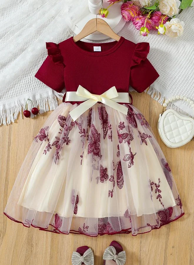 تايك تو Take Two Round Neck Bow Detail Ruffle Hem Mesh Knee Length Dress