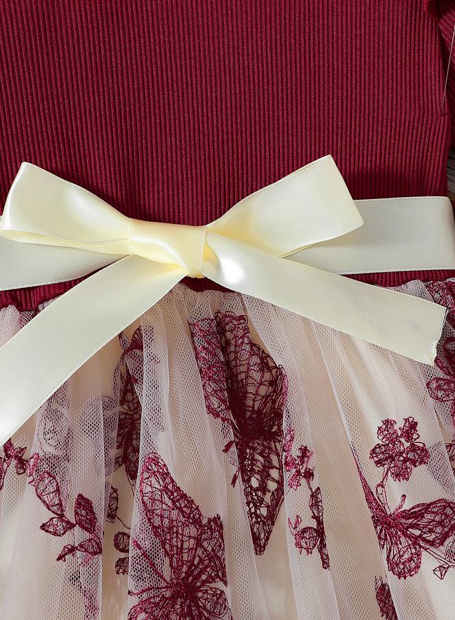 Take Two Round Neck Bow Detail Ruffle Hem Mesh Knee Length Dress - Image 3