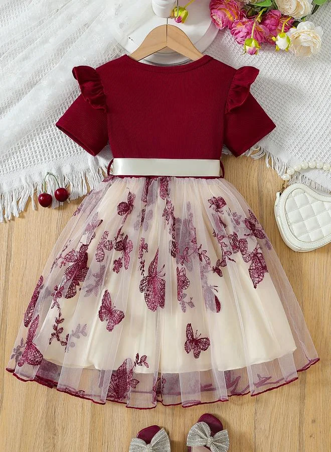 تايك تو Take Two Round Neck Bow Detail Ruffle Hem Mesh Knee Length Dress
