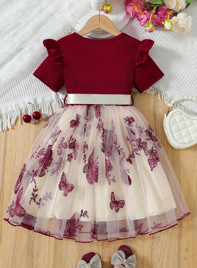 Take Two Round Neck Bow Detail Ruffle Hem Mesh Knee Length Dress - Image 2