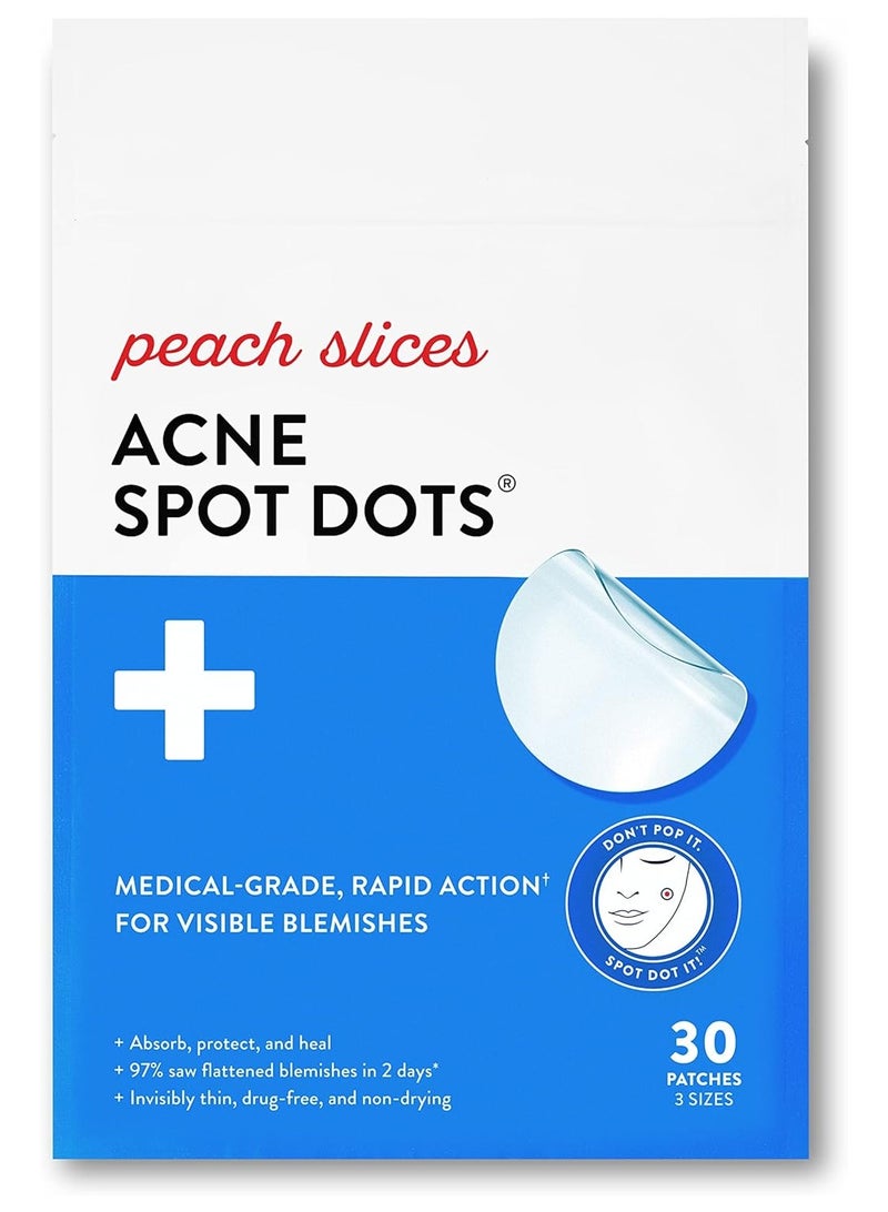 Peach Slices | Acne Spot Dots | Hydrocolloid Acne Patches | For Zits, Blemishes, & Breakouts | Vegan | Cruelty-Free | Pimple Patches | Facial Skin Care Products | 3 Sizes (7mm, 10mm, & 12mm) | 30 Ct