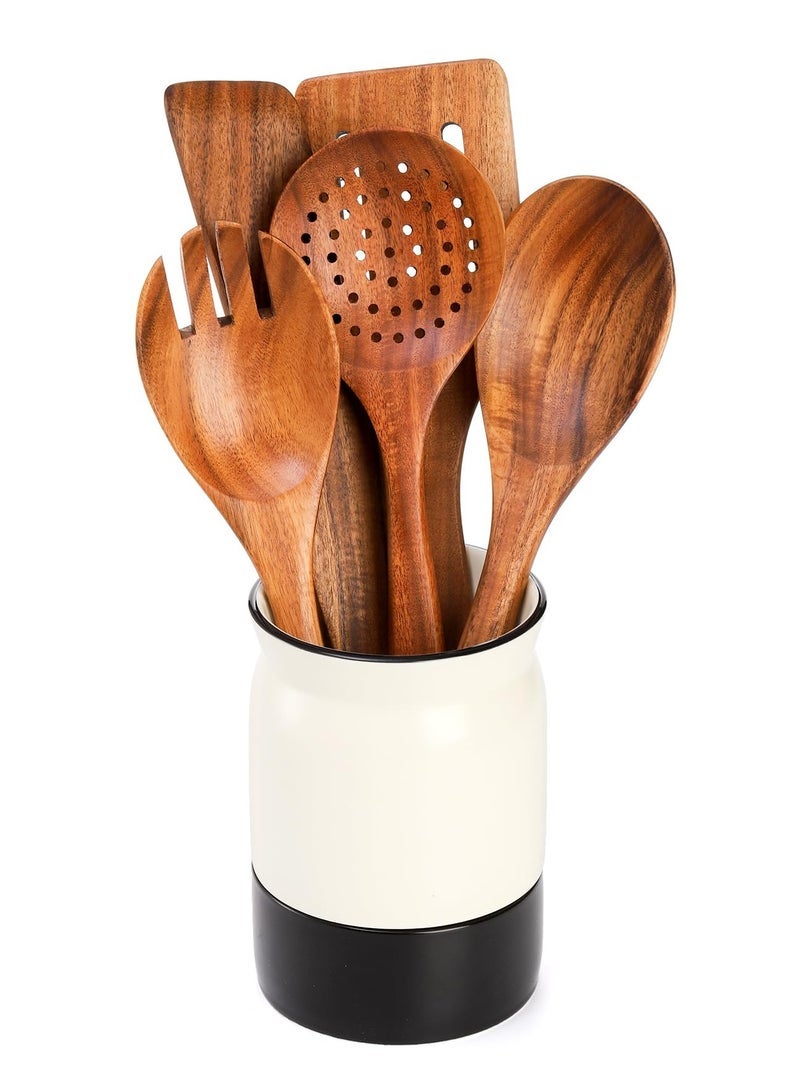 كابتن تيك Ceramic Tableware Barrel Ceramic Kitchen Utensil Holder with Drain Hole 5.7 x 3.9 inches  Utinsle Holders Home Accessories Countertop Cutlery Organizer for Spoons Forks and More - Image 2