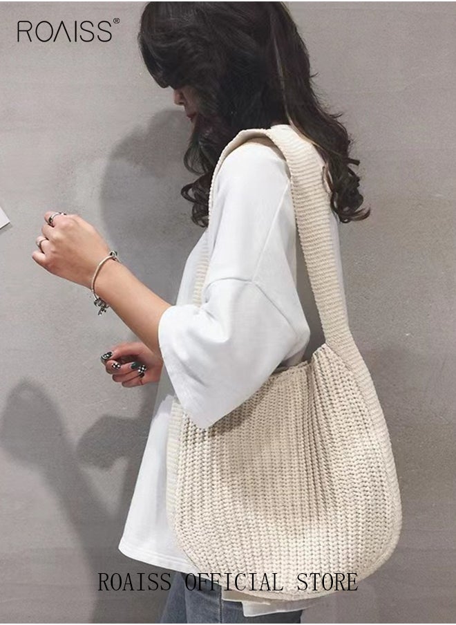 roaiss - Women Knitting Bag Large Capacity Tote Bag Messenger Bag Shoulder Bag Solid Color - Image 1