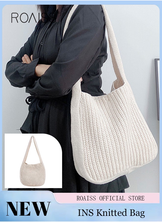 roaiss - Women Knitting Bag Large Capacity Tote Bag Messenger Bag Shoulder Bag Solid Color - Image 1