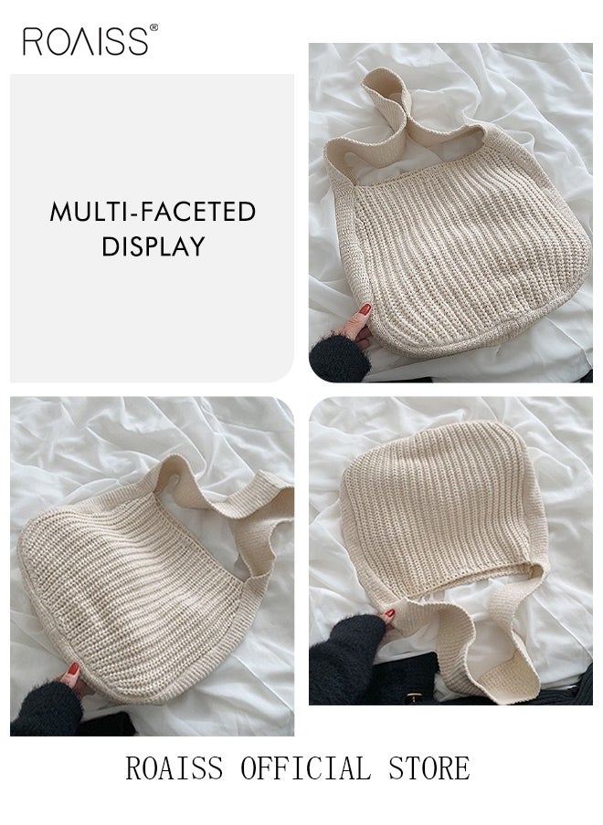 roaiss - Women Knitting Bag Large Capacity Tote Bag Messenger Bag Shoulder Bag Solid Color - Image 1