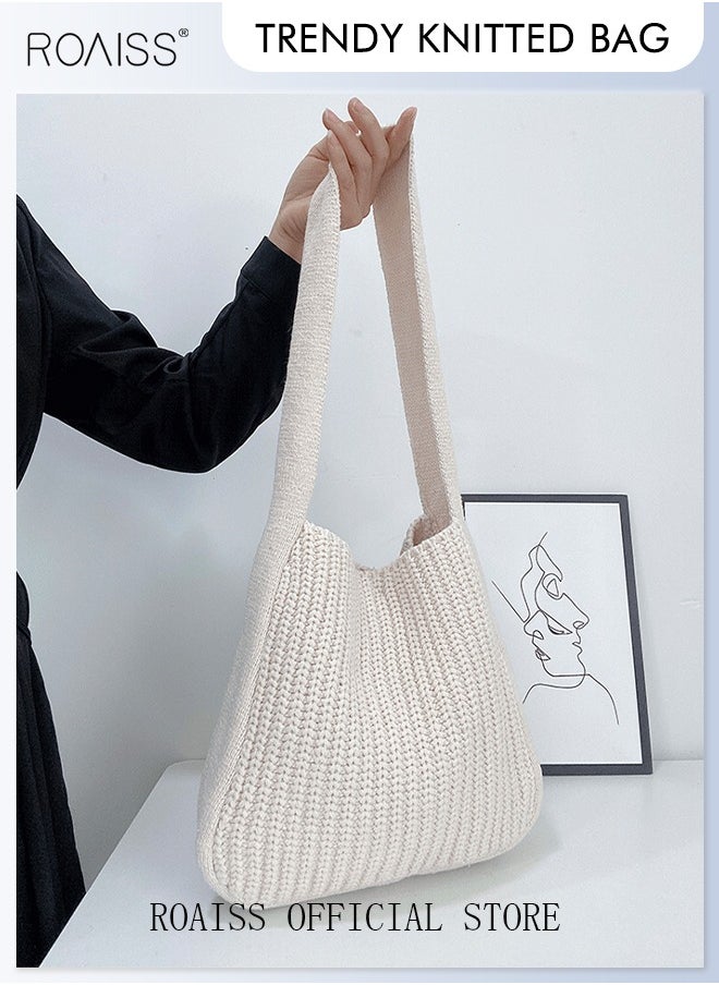 roaiss - Women Knitting Bag Large Capacity Tote Bag Messenger Bag Shoulder Bag Solid Color - Image 1