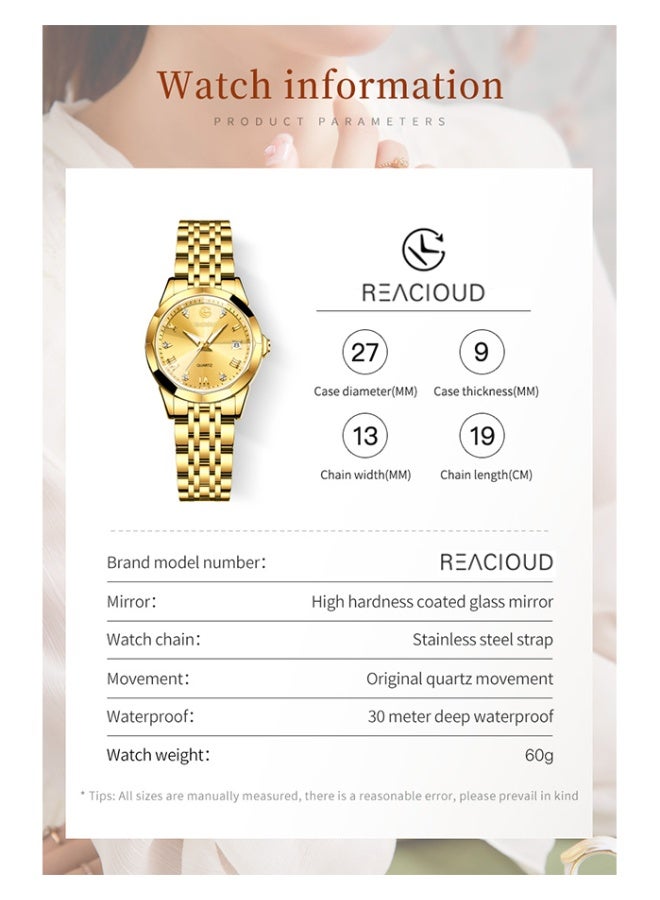 REACLOUD ساعات نسائية أنيقة من الفولاذ المقاوم للصدأ مقاومة للماء ساعة كوارتز تناظرية - Image 4