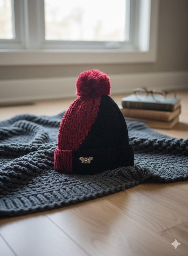 CROWNNIMREET Winter Woolen Knitted Baby Cap with Fur Pom-Pom | Warm Soft Double Color Beanie for Kids Boys & Girls | Premium Rhinestone Bee Brooch | Multiple Colors (Red - Black) - Image 2