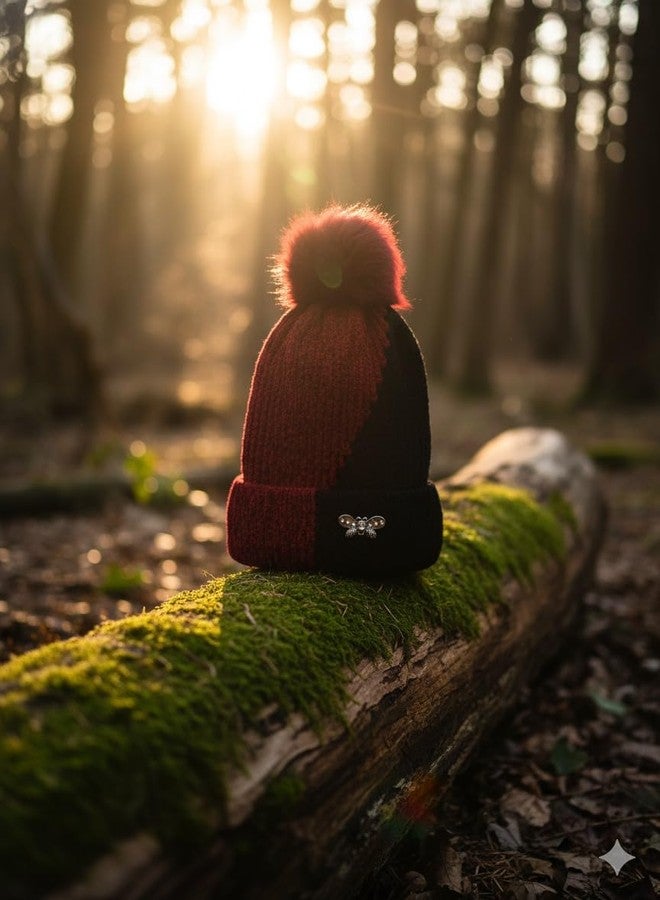 CROWNNIMREET Winter Woolen Knitted Baby Cap with Fur Pom-Pom | Warm Soft Double Color Beanie for Kids Boys & Girls | Premium Rhinestone Bee Brooch | Multiple Colors (Red - Black) - Image 4