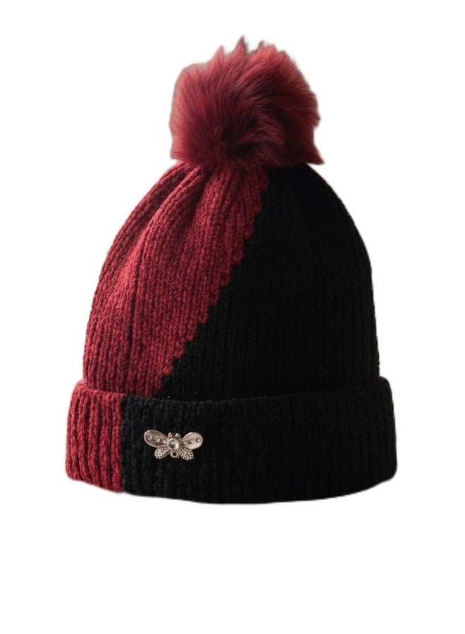 CROWNNIMREET Winter Woolen Knitted Baby Cap with Fur Pom-Pom | Warm Soft Double Color Beanie for Kids Boys & Girls | Premium Rhinestone Bee Brooch | Multiple Colors (Red - Black) - Image 1