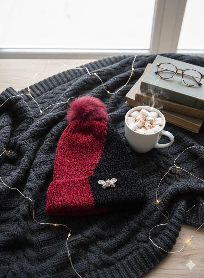 CROWNNIMREET Winter Woolen Knitted Baby Cap with Fur Pom-Pom | Warm Soft Double Color Beanie for Kids Boys & Girls | Premium Rhinestone Bee Brooch | Multiple Colors (Red - Black) - Image 3