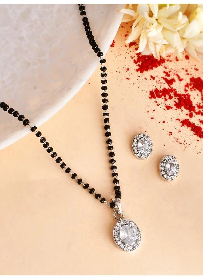 VOYLLA Sparkling Essential White Oval Cz Studded Silver Mangalsutra Set