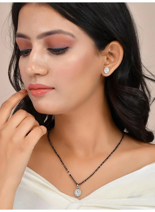 VOYLLA Sparkling Essential White Oval Cz Studded Silver Mangalsutra Set