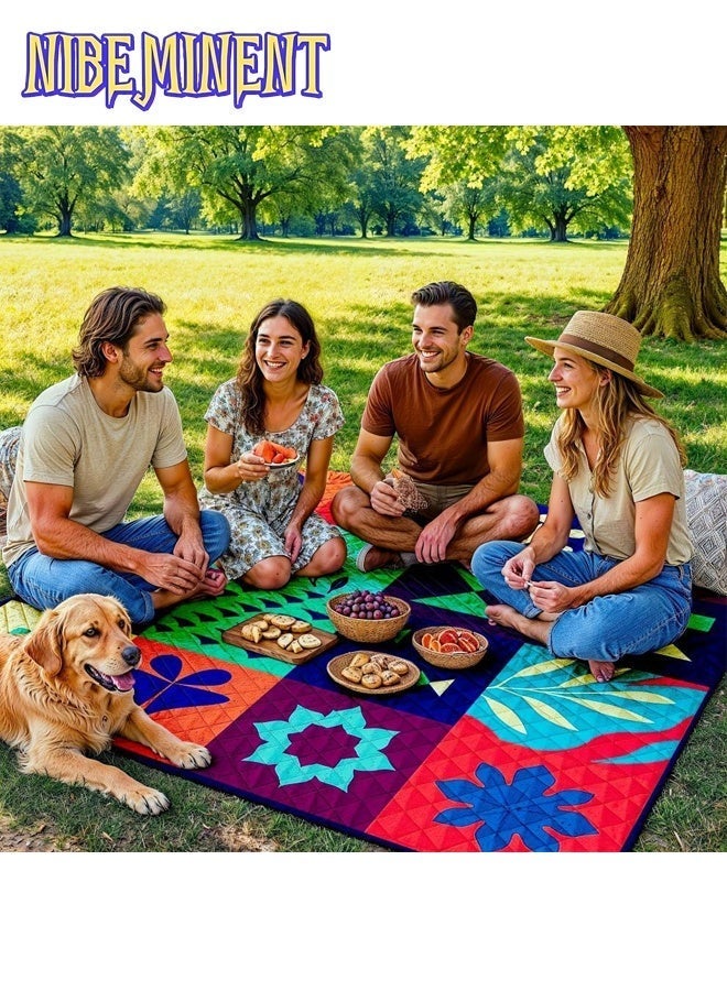 NIBEMINENT بطانية نزهة قابلة للطي كبيرة جدًا - 200x200 سم، تصميم ثلاثي الطبقات مبطن ناعم مع حزام حمل، طباعة زهور وفواكه ملونة، بوليستر متين، مثالية للشاطئ، التخييم، السفر، بطانية نزهة، ملحقات الشاطئ، طباعة نابضة بالحياة - Image 3