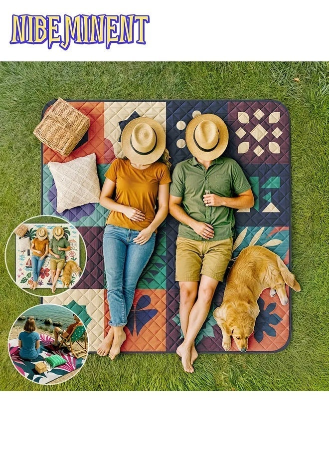 NIBEMINENT بطانية نزهة قابلة للطي كبيرة جدًا - 200x200 سم، تصميم ثلاثي الطبقات مبطن ناعم مع حزام حمل، طباعة زهور وفواكه ملونة، بوليستر متين، مثالية للشاطئ، التخييم، السفر، بطانية نزهة، ملحقات الشاطئ، طباعة نابضة بالحياة - Image 4