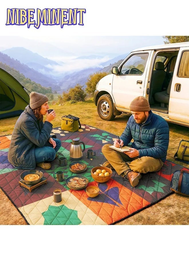 NIBEMINENT بطانية نزهة قابلة للطي كبيرة جدًا - 200x200 سم، تصميم ثلاثي الطبقات مبطن ناعم مع حزام حمل، طباعة زهور وفواكه ملونة، بوليستر متين، مثالية للشاطئ، التخييم، السفر، بطانية نزهة، ملحقات الشاطئ، طباعة نابضة بالحياة - Image 5