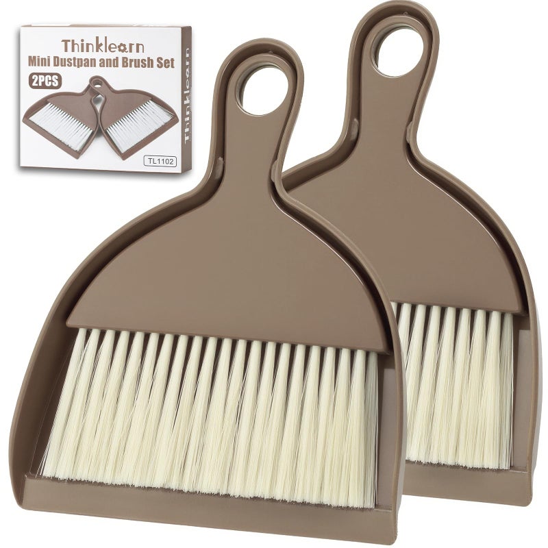 THINKLEARN 2PCS Small Broom and Dustpan Set, Mini Dust Pan and Brush, Hand Whisk for Pets, Kids, Desk, Home, Camping, Brown Cleaning Supplies - Image 1