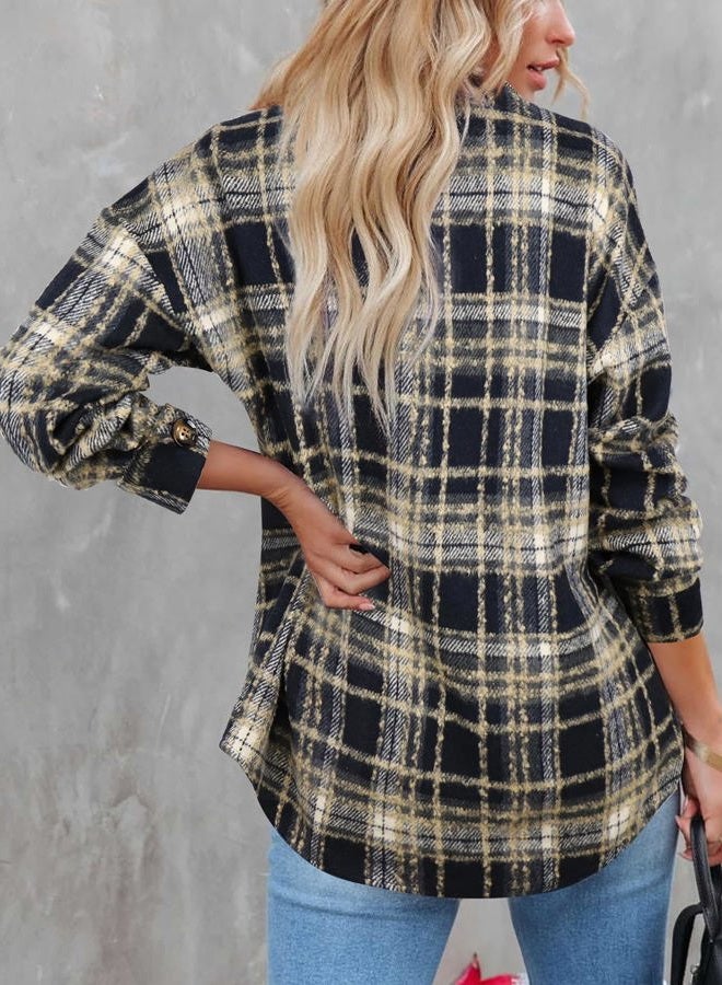 Beaully Women's 2025 Fall Clothes Plaid Shacket Jacket Long Sleeve Button Down Flannel Shirts Fashion Jacket, Black Brown, XXL - Image 3