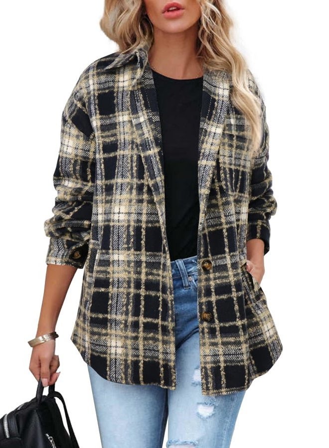 Beaully Women's 2025 Fall Clothes Plaid Shacket Jacket Long Sleeve Button Down Flannel Shirts Fashion Jacket, Black Brown, XXL - Image 1
